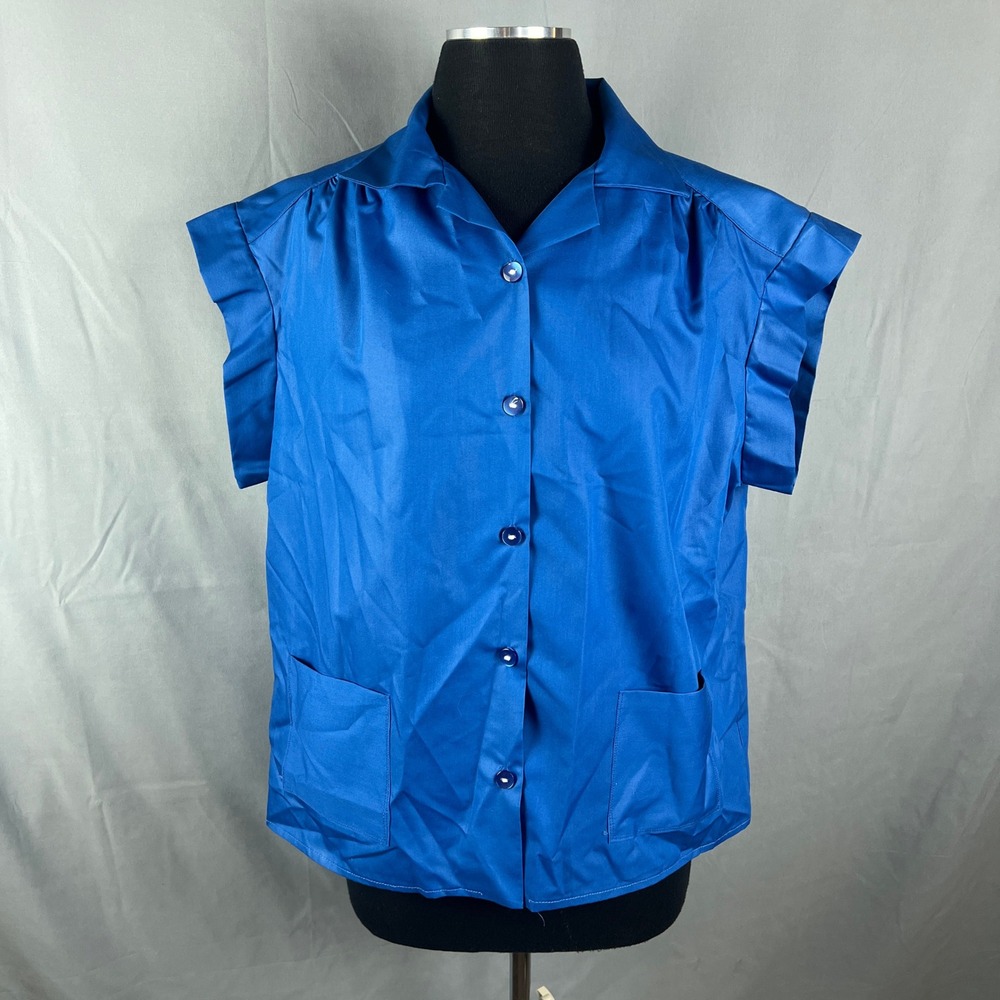 Vintage Womens Button Up Shirt XL Blue Back Box Casual Lapel Collar Short Sleeve